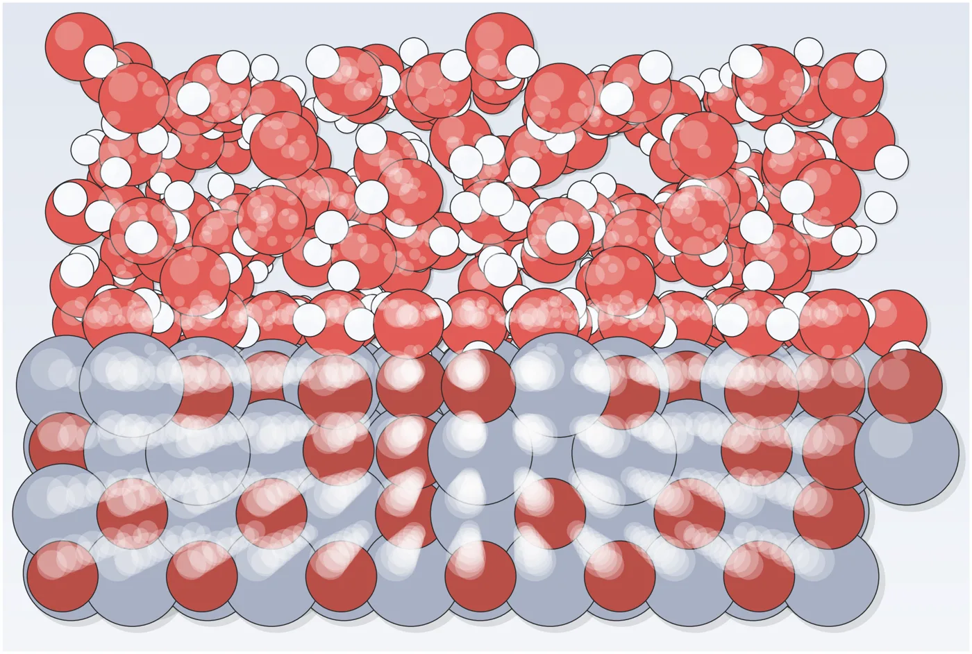 Simulation snapshot of liquid water on the MgO(100) surface